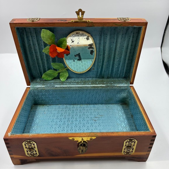 Vintage Wooden Latch Jewelry Storage Box Gold Tone Metal Blue Lining Mirror MCM - Picture 7 of 13